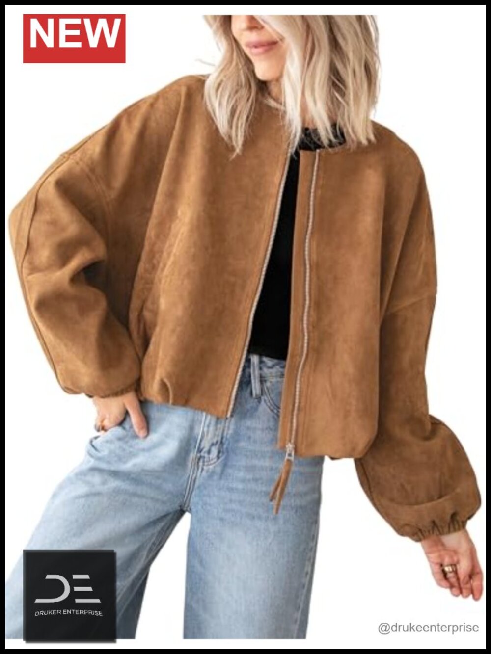 Faux Suede Bomber Jacket Cropped Zip Up Oversized Coat